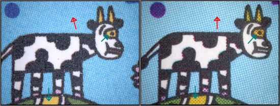 Ein Bildausschnitt der Kuh vom Wert 100 + 45 Cent, links die echte Kuh, rechts die falsche Kuh, die roten Pfeile zeigen exemplarisch die Unterschiede bei der Rasterung von Cyan, die grünen Pfeile die Unterschiede bei den roten Rasterpunkten in den gelben Flächen