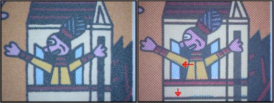 Ein Bildausschnitt des Höchstwertes „Hans im Glück“, links die echte Marke rechts die Fälschung, bei der die Passerverschiebung von Magenta und Cyan mittels roter Pfeile hervorgehoben wurde