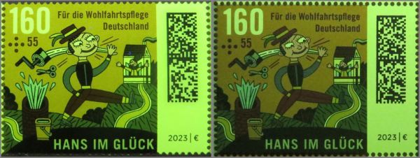  Am Beispiel der 85 + 40 Cent Marke und der 160 + 55 Cent Marke werden diese leichten UV-Unterschiede gezeigt, links jeweils die echte Marke und rechts die Fälschung