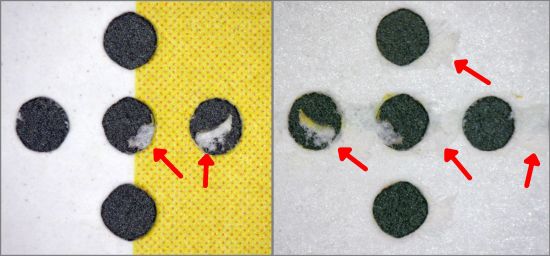 Am Beispiel der 85 + 40 Cent Marke werden bei einer echten Marke von vorne und hinten die typischen Spuren einer Schleifperforation gezeigt.