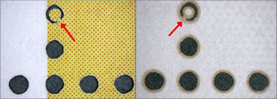 An einer Stelle eines gefälschten 85 + 40 Cent Kleinbogens konnte ein nicht vollständig ausgeschnittenes Stanzloch nachgewiesen werden