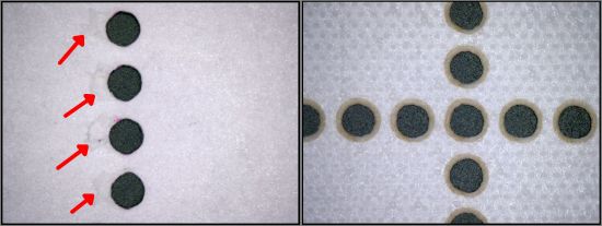 Dieselben Unterschiede findet man beispielsweise auch bei der 100 + 45 Cent Marke, links die echte Marke mit den roten Pfeilen bezüglich der Spuren der Schleifperforation, rechts die Fälschung mit den konischen Löchern und den Brandspuren