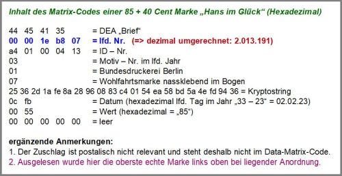 Der Inhalt des Datamatrixcodes einer echten Marke 85 + 40 Cent in hexadezimaler Darstellung