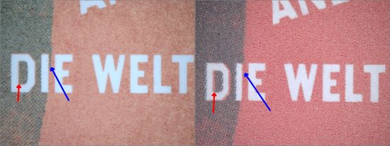 Bildausschnitt „Die Welt“, links die echte Marke, rechts die Fälschung. Der rote Pfeil zeigt die schwarze Passerverschiebung, der blaue Pfeil das fehlende spitze Dreieck. Bildausschnitt „Die Welt“, links die echte Marke, rechts die Fälschung. Der rote Pfeil zeigt die schwarze Passerverschiebung, der blaue Pfeil das fehlende spitze Dreieck.