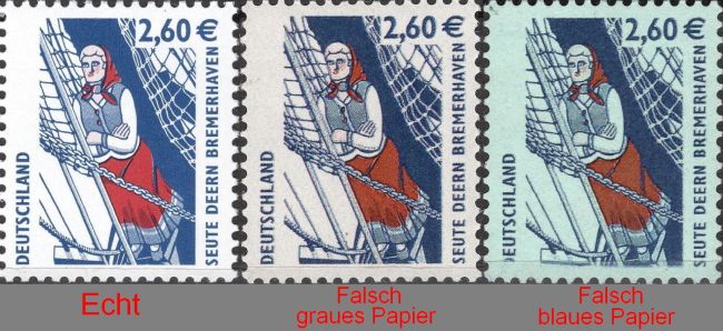 Links die echte Marke, in der Mitte die erste Fälschung auf grauen Papier, rechts die Fälschung auf blauen Papier Links die echte Marke, in der Mitte die erste Fälschung auf grauen Papier, rechts die Fälschung auf blauen Papier
