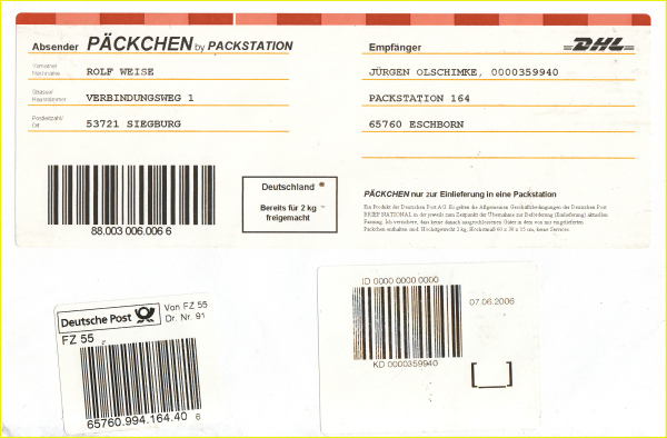Echt gelaufenes Päckchen mit Päckchenmarke von einer Packstation vom 6.06.2006 (Ankunft in Packstation am 7.06.2006)