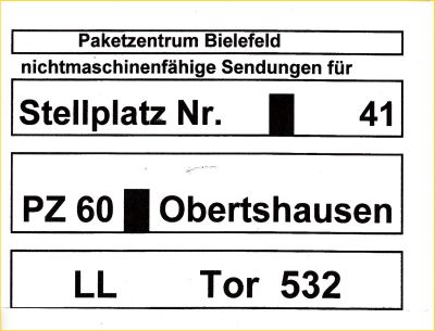 Vorsteckzettel vom Paketzentrum Bielefeld (PZ 33) ans neue PZ 60 Obertshausen