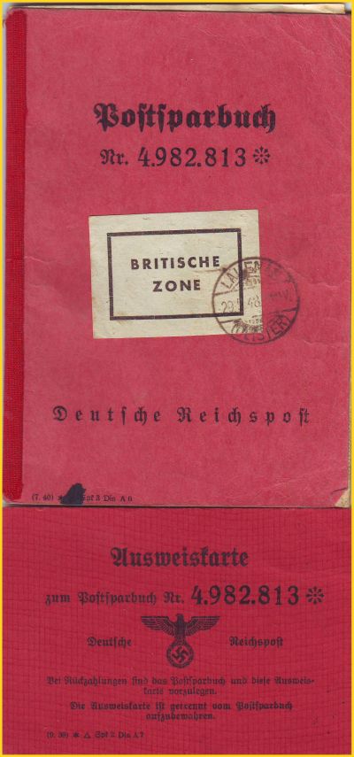 Postausweiskarte des Deutschen Reichs mit dem Druckvermerk 9/39 - also dem ersten Jahr des Postsparkassendienstes ohne Unkenntlichmachung des Hakenkreuzes sowie zugehöriges Sparbuch mit Aufkleber Britische Zone und sehr altem Stempel Lauenau Deister 29. März 1948