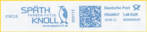 Frankierausschnitt vom 25. Mai 2012 des Konsolidierers K-9016 (Kurier-IT-Service Büttelborn) mit Firmenwerbung für einen Kunden, der auch für einen Thematiksammler bestens geeignet wäre