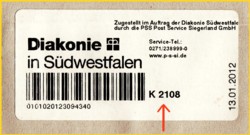 Privatpostlabel der PSS Post Service Siegerland GmbH vom 13. Januar 2012 zusätzlich mit der eigenen K-Nummer K-2108 versehen, obwohl dies an dieser Stelle nicht notwendig wäre