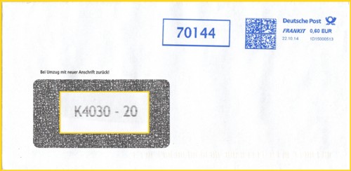 Brief mit eigenen AFS frankiert und rückseitig mit eigener K-Nummer 4030 und Zählnummer durch Tintenstrahldrucker ergänzt