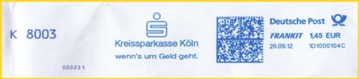 Frankierausschnitt des Full Service Dienstleisters der Sparkassenfinanzgruppe (Proservice Dienstleistungsgesellschaft mbH) der hier beispielsweise für die Kreissparkasse Köln konsolididiert