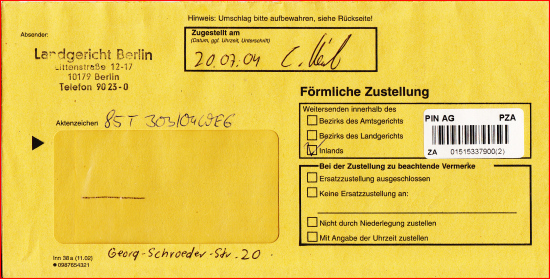  Innenumschlag eines Postzustellungsauftrags vom Landgericht Berlin, das am 20. Juli 2004 über die Pin AG zugestellt wurde