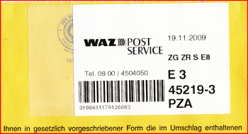 Teilausschnitt der Rückseite eines Innenumschlags eines Postzustellungsauftrags mit einem Label eines Privatpostdienstleister, der über den WAZ Postservice am 19. November 2009 eingeliefert und laut Datum von der Vorderseite am 20. November zugestellt wurde