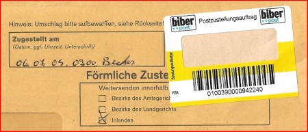 Teilausschnitt eines Innenumschlags eines Postzustellungsauftrags mit einem Label für PZA von der Bieberpost, der am 6. Juli 2005 zugestellt wurde