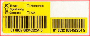Teilausschnitt eines Labels eines Privatpostdienstleisters für Einschreiben und PZA, hier allerdings nicht als PZA genutzt sondern als Einwurf-Einschreiben