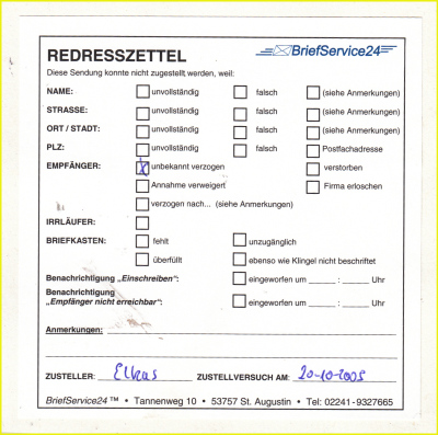 Redresszettel von BriefService24 aus Stankt Augustin bei Bonn mit 24 verschiedenen Optionen zum Ankreuzen im Format 105 mal 105 Millimeter