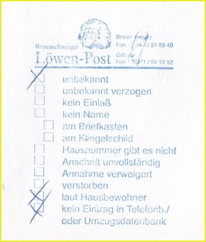 Retourenstempel der Braunschweiger Löwen-Post mit 12 verschiedenen Optionen zur Auswahl aus dem Jahr 2003