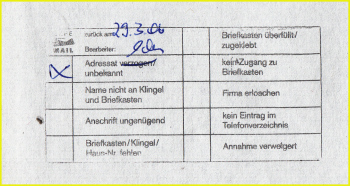 Retourenstempel von Safemail aus Jena aus dem Jahr 2006, interessant ist hier der Grund „kein Zugang zu Briefkasten“
