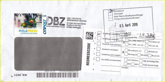 Retourensendung, abgeschickt über Citipost Göttingen, verschiedene weitere Vermerke, datrunter ein Retourenzettel mit Redresscode (Datamatrixcode) sowie 19 Optionen zum ankreuzen aus dem Jahr 2019