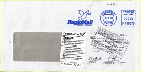 Standardbrief vom Privatpostdienstleister RegioMail aus Heilbronn, der außerhalb des eigenen Zustellbereichs zugestellt werden sollte und daher am 8. Januar 2008 über die gelbe Post verschickt wurde. Hier war der Brief aber nicht zustellbar und wurde mit einem Standardardretourenaufkleber der Deutschen Post gekennzeichnet. Am 14. Januar wurde der Brief wieder an RegioMail zurück übergeben, wie der Stempel rechts unten zeigt. Am 16. Januar 2008 ging die Sendung dann nach circa 10 Tagen beim Absender Heilbronner Versorgungs GmbH ein.