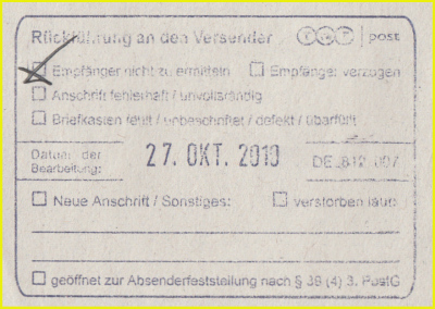 Nebenstempel von TNT mit der Option „Öffnung der Postsendung zur Absenderfeststellung“