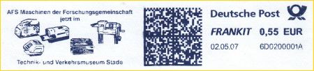 AFS der Forschungsgemeinschaft Post- und Absenderfreistempel mit Werbung für die Abteilung AFS-Maschinen im Technik- und Verkehrsmuseum Stade AFS der Forschungsgemeinschaft Post- und Absenderfreistempel mit Werbung für die Abteilung AFS-Maschinen im Technik- und Verkehrsmuseum Stade