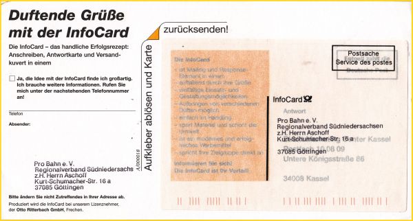 Infocard mit Eigenwerbung vom Direktmarketingcenter Kassel nach Göttingen gelaufen, hinten mit Ostergrüssen aus dem Jahr 1998 Infocard mit Eigenwerbung vom Direktmarketingcenter Kassel nach Göttingen gelaufen, hinten mit Ostergrüssen aus dem Jahr 1998