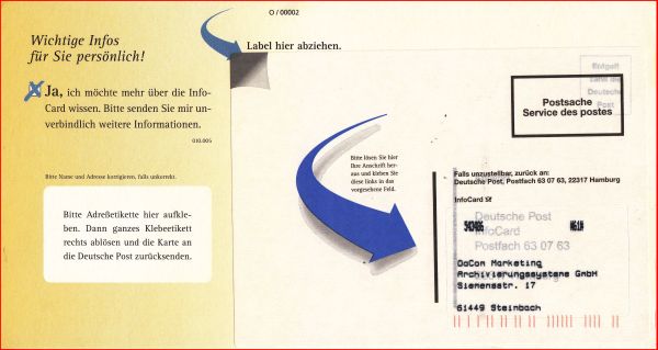 Infocard als Postsache mit Eigenwerbung der Deutschen Post zur InfoCard und deren Vorteile auf der Rückseite Infocard als Postsache mit Eigenwerbung der Deutschen Post zur InfoCard und deren Vorteile auf der Rückseite