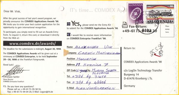 Infocard, von einem Absender aus Slovenien zurück nach Deutschland geschickt - frankiert mit slvenischen Briefmarken aus dem Jahr 1998 Infocard, von einem Absender aus Slovenien zurück nach Deutschland geschickt - frankiert mit slvenischen Briefmarken aus dem Jahr 1998