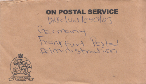 Postsache aus Nigeria nach Frankfurt mit Identcode aus Niederaula (erster Durchlauf), aber ohne weitere Nachberarbeitungsvermerke (Die Kodierung ist allerdings scantechnisch nicht gut sichtbar)