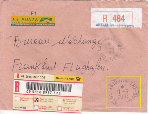 Einschreibenpostsache aus der Elfenbeinküste mit dem Emblem eines Elefantenkopfes