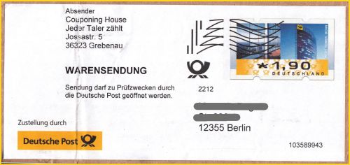 Warensendung Maxi als Adressaufkleber als Privatganzsache mit ATM 190 Cent mit aufgedruckter Frankierwelle vorausentwertet - hier die Variante zweizeilige Vorausverfügung und komplett geteilte Frankierwelle