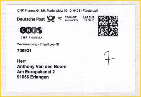 Warensendung mit PC-Freimachung (Stampit) vom 18. August 2010 - Adressausschnitt der Portostufe 165 Cent