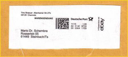 Warensendung mit Internetmarke, hier zusätzlich noch in Kooperation mit eBay mit der Portostufe 1,90 Euro vom November 2015
