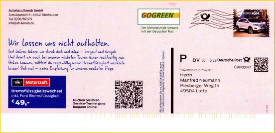 Postkarte verschickt als Dialogpost, DV-Freimachung mit integrierter Vorausverfügung Premiumadress. Deshlab befindet sich über der Anschrift im Freimachungsbereich links auch noch ein großes Postkarte verschickt als Dialogpost, DV-Freimachung mit integrierter Vorausverfügung Premiumadress. Deshlab befindet sich über der Anschrift im Freimachungsbereich links auch noch ein großes