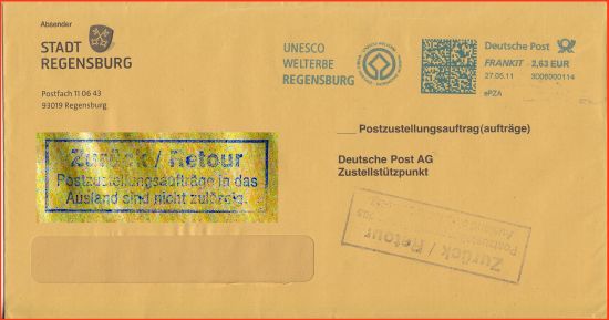 Postzustellungsauftrag mit Mengenrabatt als ePZA, freigemacht mit Frankit aus dem Mai 2011 mit dem Nebenstempel 