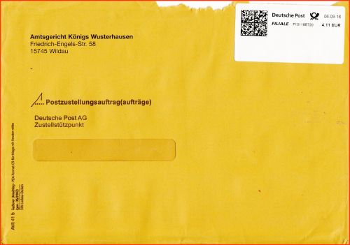 Postzustellungsauftrag vom 6. September 2016, frankiert mit Digitalmarke (Schalterlabel) mit 4,11 Euro (3,54 Euro PZA + 0,66 Euro MWST) - ungewöhnliche Frankierung, vermutlich aus Buchungsproblemen