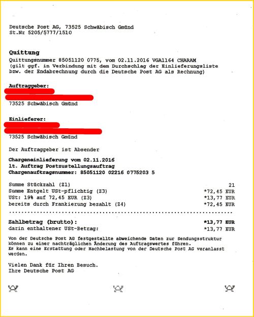 Kopie einer Quittung eines Gerichtsvollziehers, der 21 Postzustellungsaufträge am 2. November 2016 eingeliefert hatte, die zwar mit 3,45 Euro je Sendung in Briefmarken frankiert waren, wo nun aber über die Liste noch die entsprechende Mehrwertsteuer abgeführt werden musste