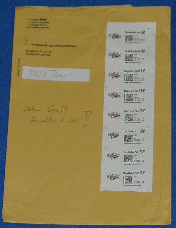 Sammelumschlag für 8 Postzustellungsaufträge, frankiert mit Internetmarken im September 2016 - ein nicht alltägliches Sammlerstück - hier noch als Ergänzung zum Artikel nachträglich eingebaut