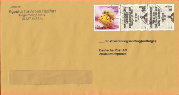 Postzustellungsauftrag der Agentur für Arbeit Haßfurt, die hier mit 2,55 Euro um 4 Cent überfrankiert hat - vermutlich mangels passender Marken für eine exakte Frankierung