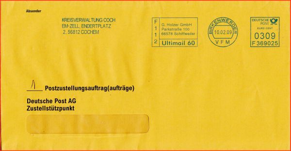 Postzustellungsauftrag mit der Portostufe 3,09 Euro, hier mit einer Vorführmaschine (VFM) am 10. Februar 2009 frankiert. Es handelt sich hier um eine Ulitmail 60 der Kreisverwaltung Coch EM-Zell