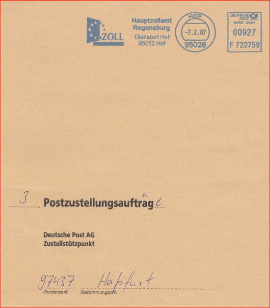 seltene Mehrfachfrankatur - hier bei der Portostufe 3,09 Euro, 5 Wochen nach der Portoänderung im Jahr 2007