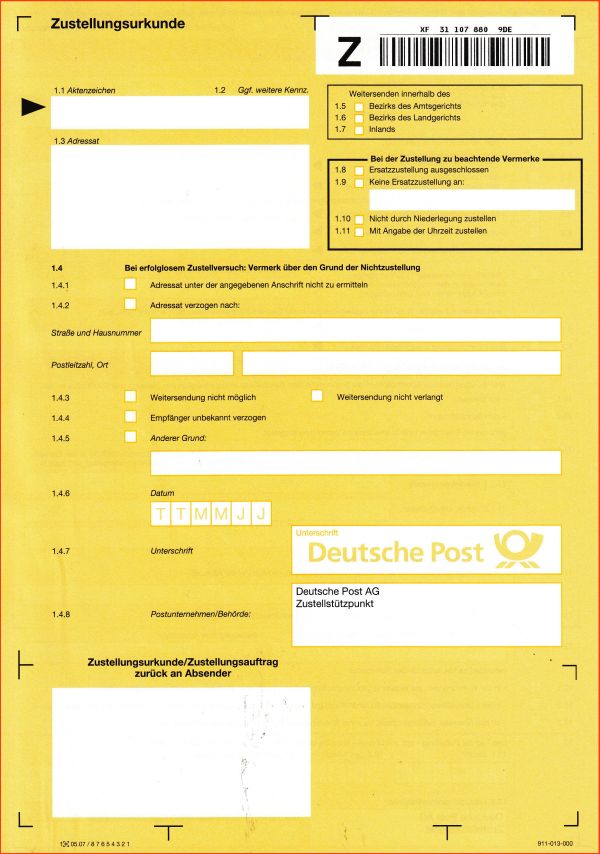 Vorderseite einer Postzustellungsurkunde (PZU) mit Strichcode aus dem Jahr 2016