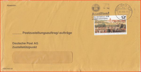 Postzustellungsauftrag, frankiert mit 2,20 Euro - Maschinenwerbestempel aus Haumburg vom 13. März 2009 - leider ist hier auf dem äußeren Umschlag kein Absender zu sehen - es dürfte sich aber um eine zum Großkunden 