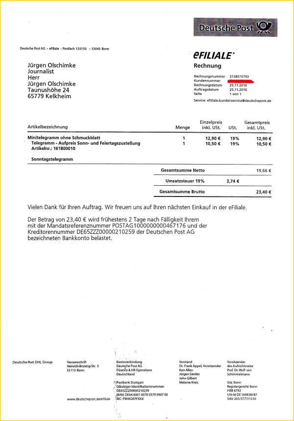 Die Rechnung des Sonntagstelegramms, zwar sind hier alle Angaben, wie Rechnungsnummer, Kundennummer, Artikelnummer und die Information 