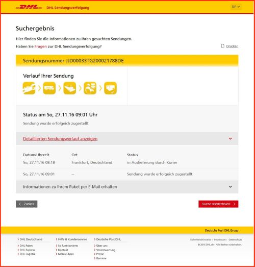 Bildschirmkopie vom einer Abfrage der Sendungsverfolgung DHL am Sonntag den 27. November 16 Uhr - hier war das Telegramm schon sichtbar und gut dargestellt, auch wenn es im heutigen Internetzeitalter schneller gehen müsste während die gleiche Abfrage bei der Sendungsverfolgung Brief kein Ergebnis anzeigte - das Telegramm war hier nicht bekannt !!!