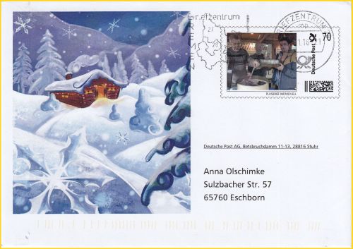 Eine der Alternativen zum Telegramm, hier der Außenumschlag einer Grußkarte Individuell mit einliegender auch individuell gestaltbarer Postkarte an einen Wunschempfänger vom 28. November 2016