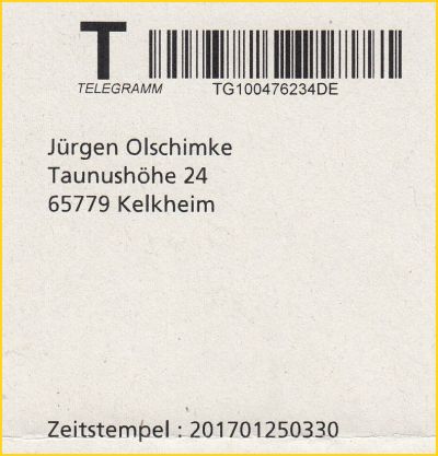 Ausschnitt vom Deckblatt des Werktagstelegramms mit Strichcode und Zeitstempel, hier 25. Januar 2015 3 Uhr 30