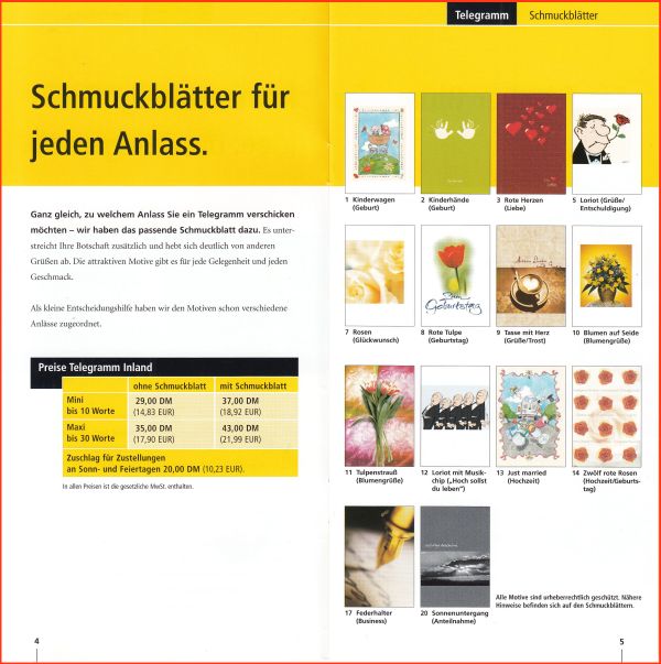 Auszug aus einen Flyer der Deutschen Post mit Datenstand 09 - 2001 mit dem zu diesen Zeitpunkt erhältlichen Schmuckblättern, teils sind es die selben wie vorher, teils andere